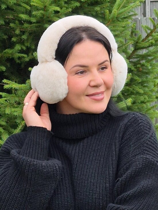 hand made Accessories - Beige Full Fur Winter Earmuffs, Real Rabbit Fur Head Accessory, Warm Headband